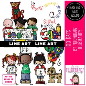 100 Days of School clip art. 100 Days clip art LINE ART and BLACK AND WHITE