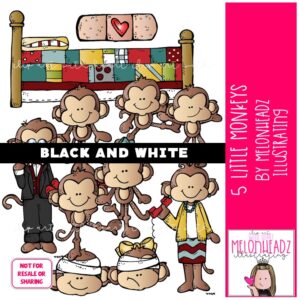 5 Little Monkeys clip art, Literature clip art, Book Companion clip art BLACK AND WHITE