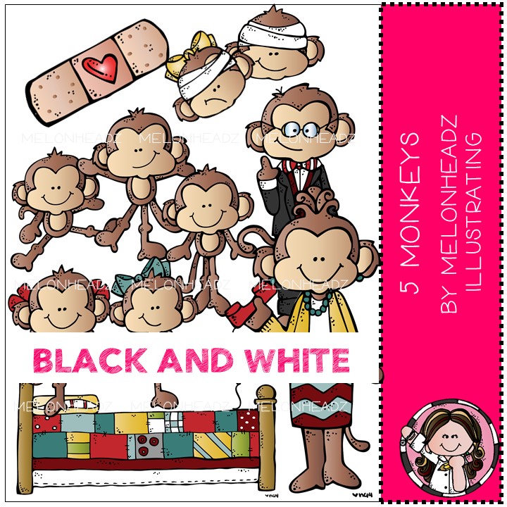 5 Little Monkeys clip art – BLACK AND WHITE | Melonheadz Illustrating