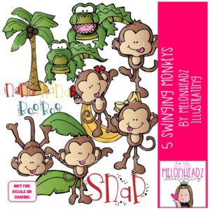 5 Swinging Monkeys clip art, Literature clip art, Book Companion clip art COLORED