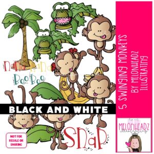 5 Swinging Monkeys clip art, Literature clip art, Book Companion clip art BLACK AND WHITE