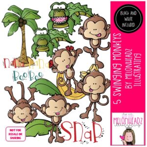 5 Swinging Monkeys clip art, Literature clip art, Book Companon clip art COMBO PACK