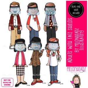 Adults with face shields clip art, Social Distance clip art, PPE clip art Mini