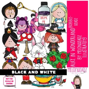 Alice in Wonderland clip art, Bobbleheadz clip art BLACK AND WHITE