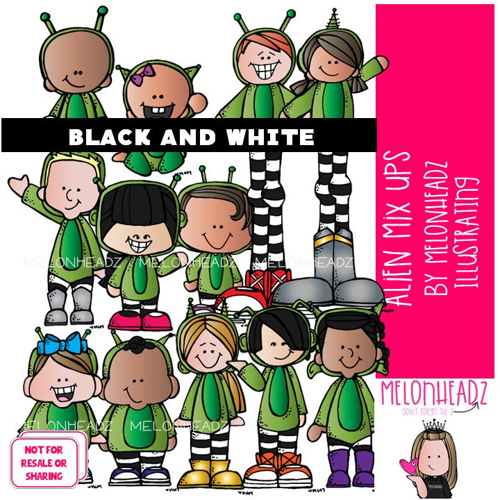 Aliens Mix Ups clip art, Space clip art BLACK AND WHITE