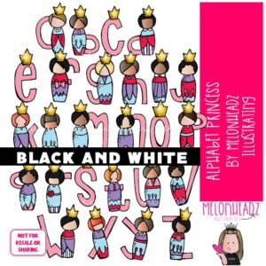 Alphabet Princess clip art, letters clip art BLACK AND WHITE