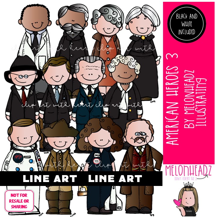 American Heroes clip art 3, Historical Figures clip art LINE ART and BLACK AND WHITE