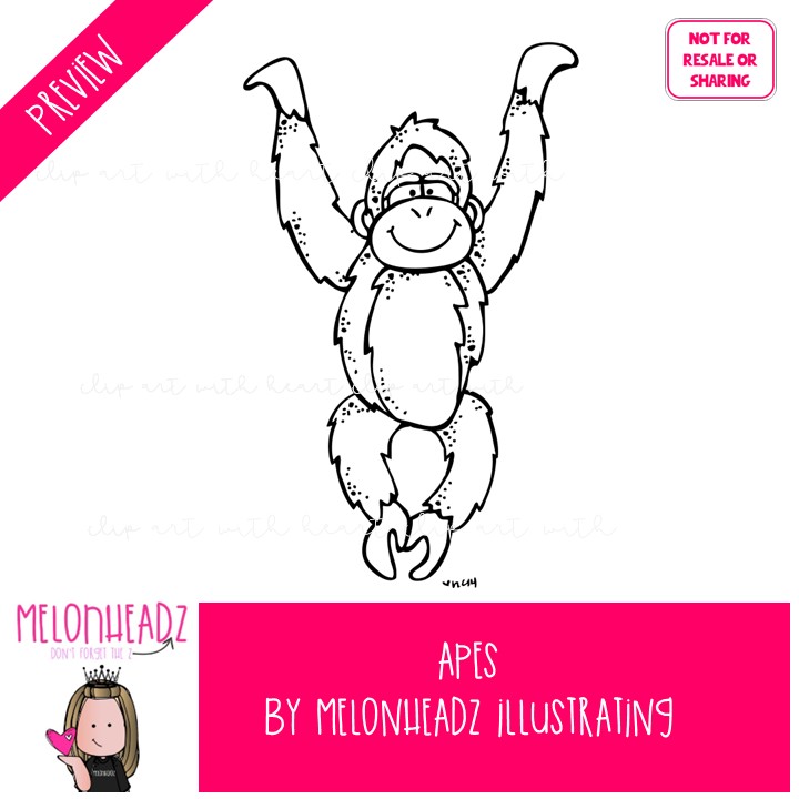 Apes clip art, Priamte clip art, Orangutan clip art BLACK AND WHITE - Image 2