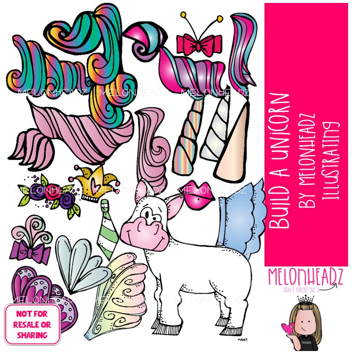 Build A Unicorn clip art, sequence, body parts, wings COLORED Version