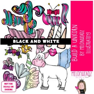 Build A Unicorn clip art, sequence, body parts, wings BLACK AND WHITE