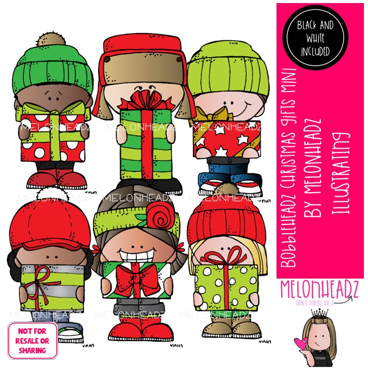 Bobbleheadz with Christmas gifts clip art Mini