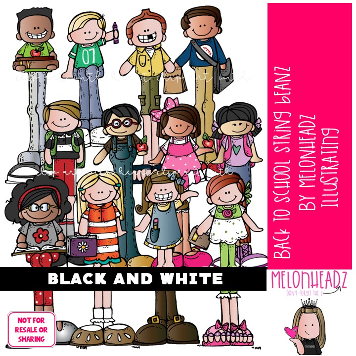 Back to School clip art, String Beanz BLACK AND WHITE
