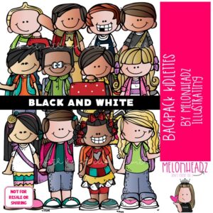 Backpack Kidlettes clip art, School clip art BLACK AND WHITE