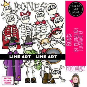 Bag of Bones clip art, skeleton, Halloween LINE ART and BLACK AND WHITE