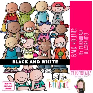 Bald Kidlettes clip art, Bald Kids clip art, Alopecia clip art BLACK AND WHITE