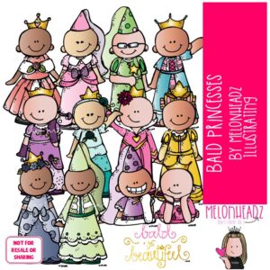 Bald Princesses clip art, Bald Kidlettes clip art, Alopecia clip art COLORED Version