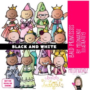 Bald Princesses clip art, Bald Kidlettes clip art, Alopecia clip art BLACK AND WHITE