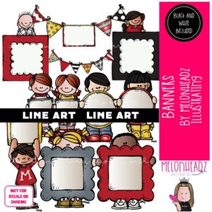 Banners clip art, blank frame, kid LINE ART and BLACK AND WHITE