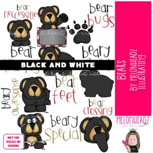 Bears clip art, black, word art BLACK AND WHITE