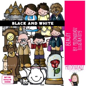 Beauty clip art, book companion, princess BLACK AND WHITE
