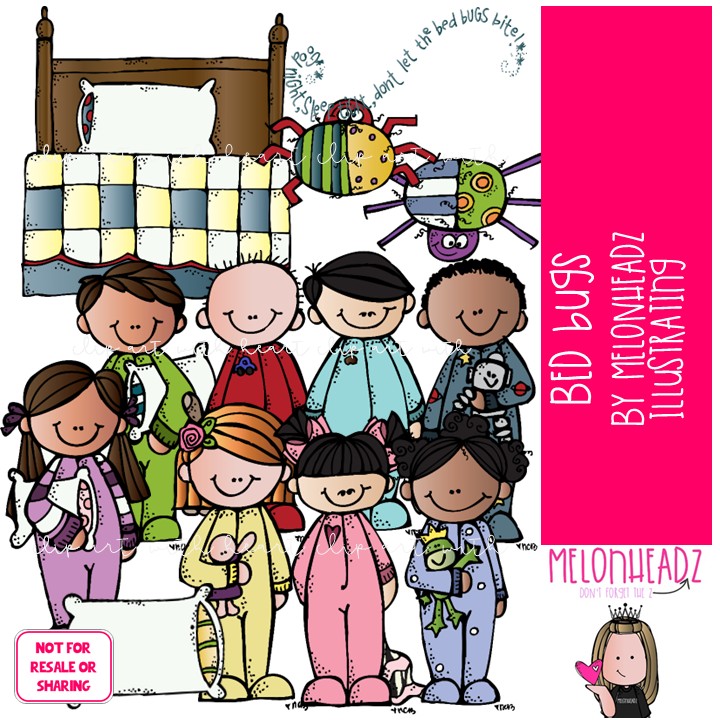 Bed Bugs clip art, pillow, pajamas COLORED Version