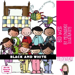 Bed Bugs clip art, pillow, pajamas BLACK AND WHITE