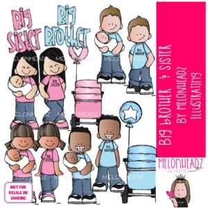 Big Brother & Sister clip art, baby, family COLORED Version