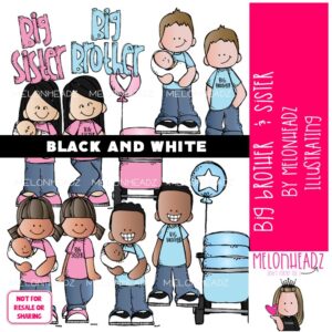 Big Brother & Sister clip art, baby, family BLACK AND WHITE