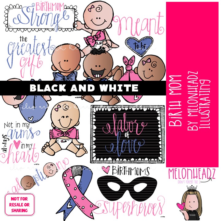 Birth Mom clip art, baby, adoption, family BLACK AND WHITE