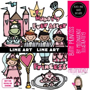 Bitty Princess clip art, castle, prince LINE ART and BLACK AND WHITE