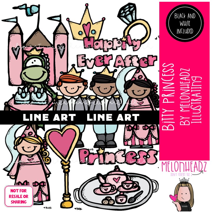 Bitty Princess clip art, castle, prince LINE ART and BLACK AND WHITE