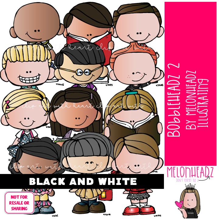 Bobbleheadz 2 clip art, kid BLACK AND WHITE