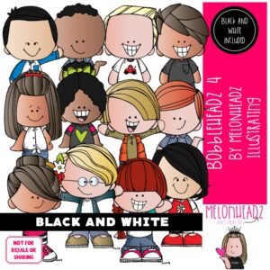 Bobbleheadz 4 clip art, kids BLACK AND WHITE