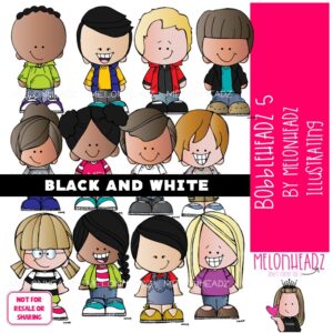 Bobbleheadz 5 clip art, kid BLACK AND WHITE