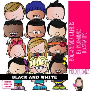 Bobbleheadz clip art, Brights BLACK AND WHITE