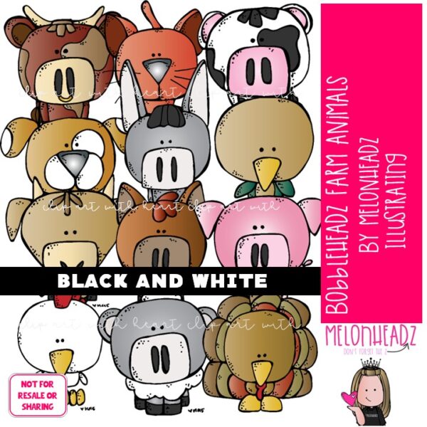Bobbleheadz clip art, Farm Animals BLACK AND WHITE - Melonheadz