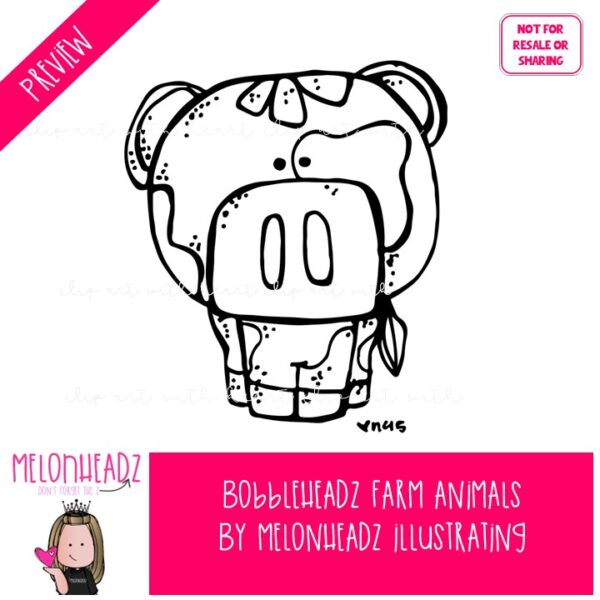 Bobbleheadz clip art, Farm Animals BLACK AND WHITE - Melonheadz