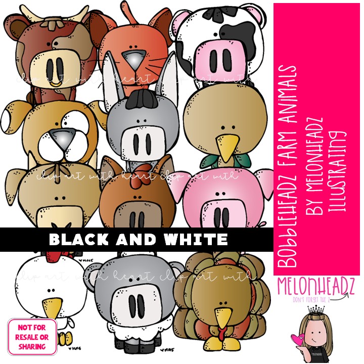 Bobbleheadz clip art, Farm Animals BLACK AND WHITE