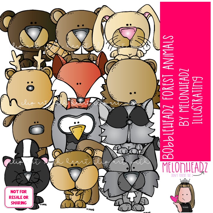 Bobbleheadz clip art, Forest Animals COLORED Version