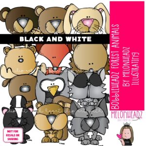 Bobbleheadz clip art, Forest Animals BLACK AND WHITE
