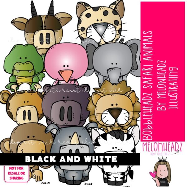 Safari Animals clip art, Bobbleheadz BLACK AND WHITE - Melonheadz
