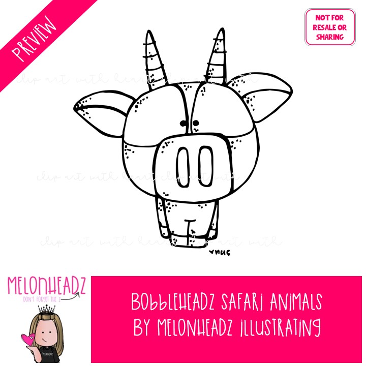 Safari Animals clip art, Bobbleheadz BLACK AND WHITE - Image 2