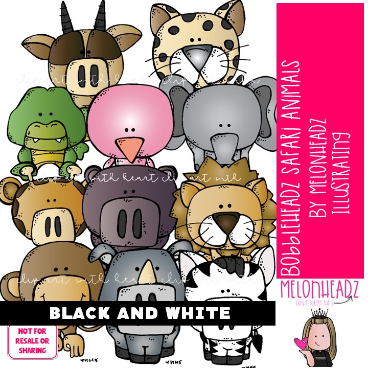 Safari Animals clip art, Bobbleheadz BLACK AND WHITE
