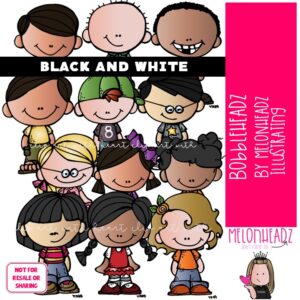 Bobbleheadz clip art, kids BLACK AND WHITE