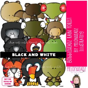 Rain Forest Animals clip art, Bobbleheadz BLACK AND WHITE