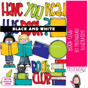 Book Club clip art, reading, library BLACK AND WHITE