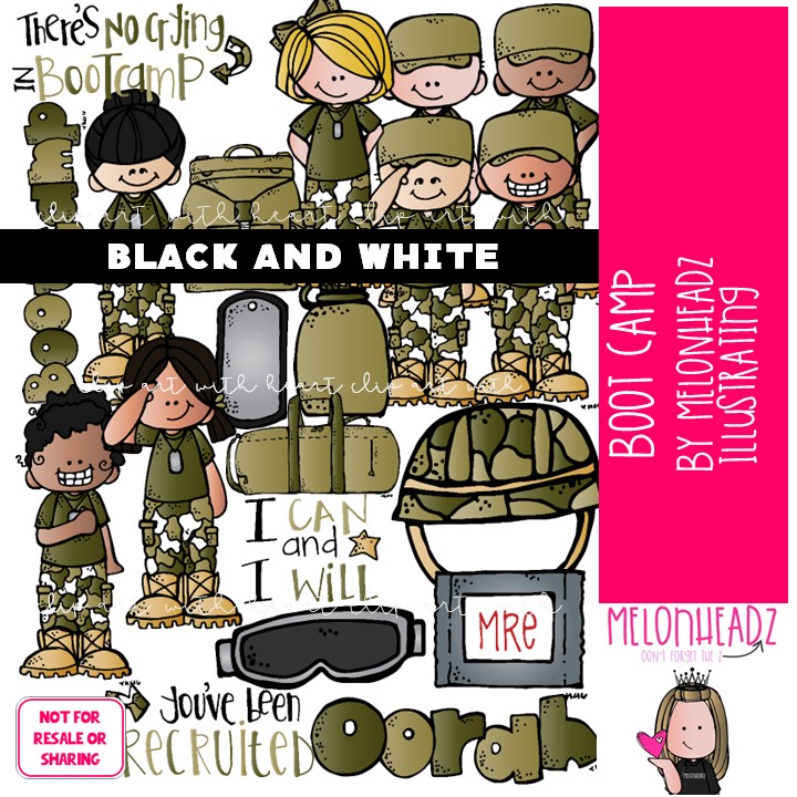 Boot Camp clip art, military, patriotic BLACK AND WHITE