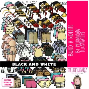 Build A Kidlette clip art, digital paper doll, body BLACK AND WHITE