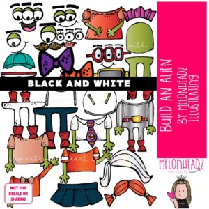 Build A Alien clip art, space, sequence BLACK AND WHITE