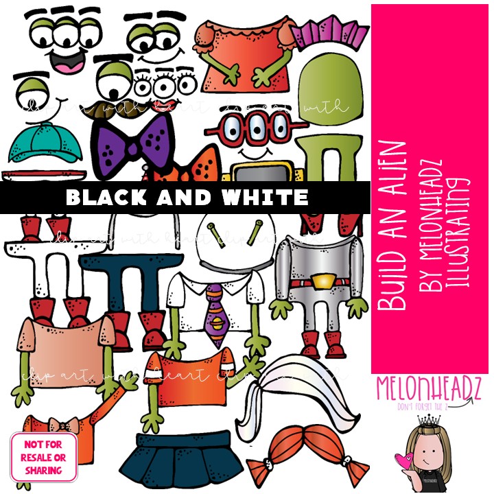 Build A Alien clip art, space, sequence BLACK AND WHITE